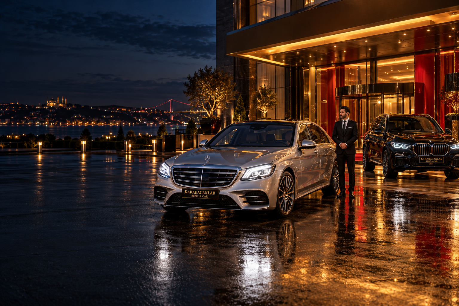 Lüks Mercedes-Benz ve BMW araçları yanında VIP şoförün bulunduğu temsili görsel